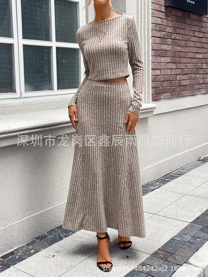 In-Stock New Model Factory Direct Sale 2025 Autumn and Winter European and American Women's Clothing Tight-Fitting Ribbed Long-Sleeve Casual Knit Set