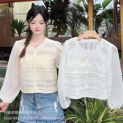 Spring and Summer All-match Sunscreen Stitching Chiffon Cardigan Long-sleeved Puff-sleeved Women's Niche Top Loose Western-style Coat