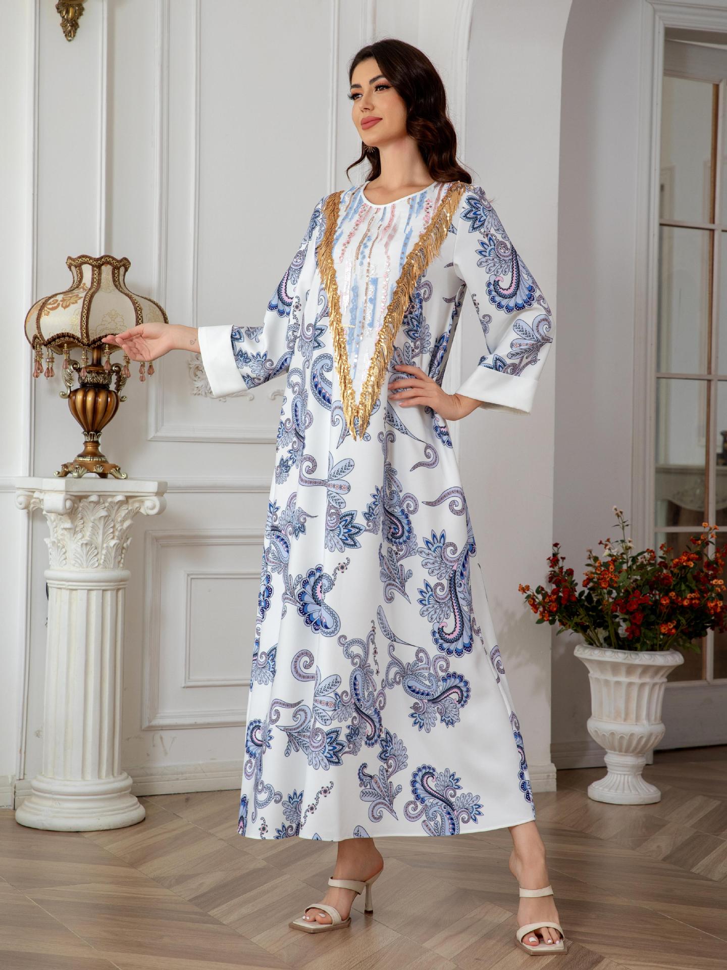 Sw0821 Amazon Women's Printed Robe Evening Dress European and American Cross-Border Dress Wholesale Long