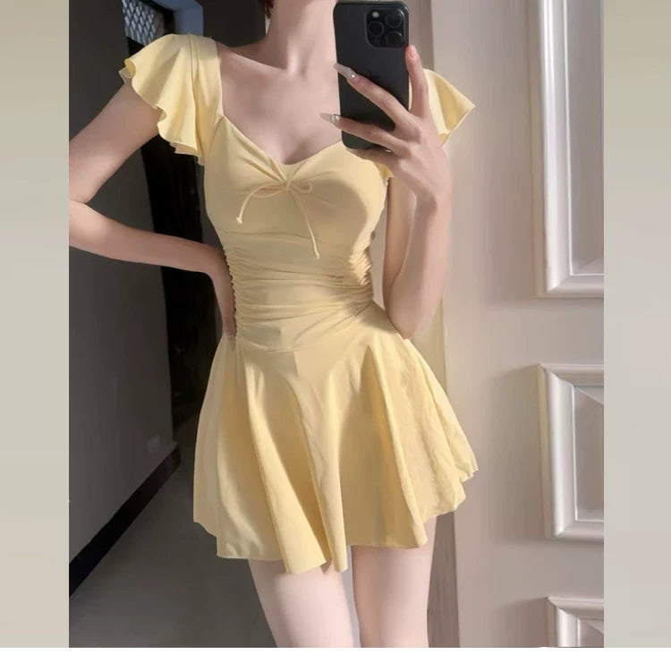 Women's Swimsuit Skirt Style One-Piece Conservative Body-Covering Slimming Look Korean Style Ins Fairy Style Small Breast Push-Up Hot Spring Vacation Swimsuit