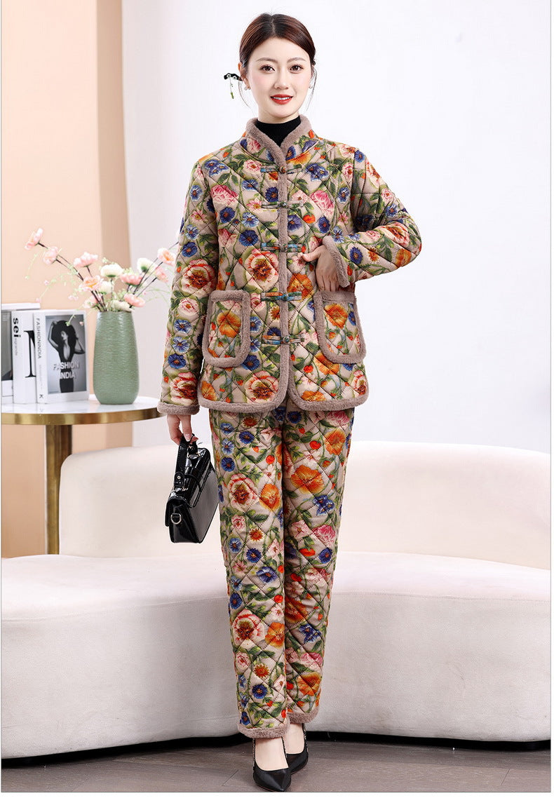 Chinese Style Mother's Winter New fleece-lined Thickened Cotton-padded Coat suit Middle-aged Women's Cotton-padded Clothes Cotton Pants Warm Two-piece Set