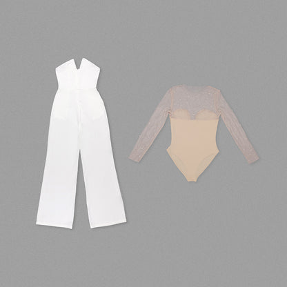 In Stock | White Bubble Bead Jumpsuit, Fashionable Casual Two-Piece Set, High-End European and American Women's Clothing, European and American Style.