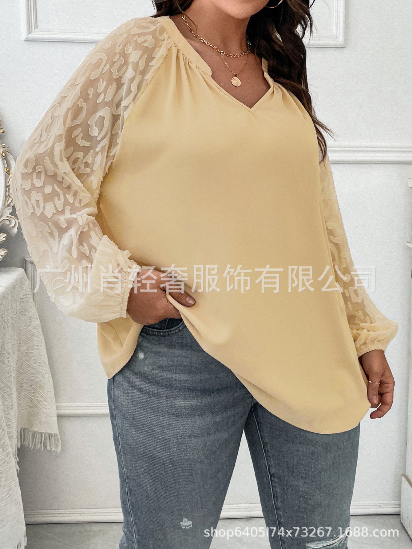 European and American Cross-border V-neck Stitching Lace Loose Women's Shirt Top