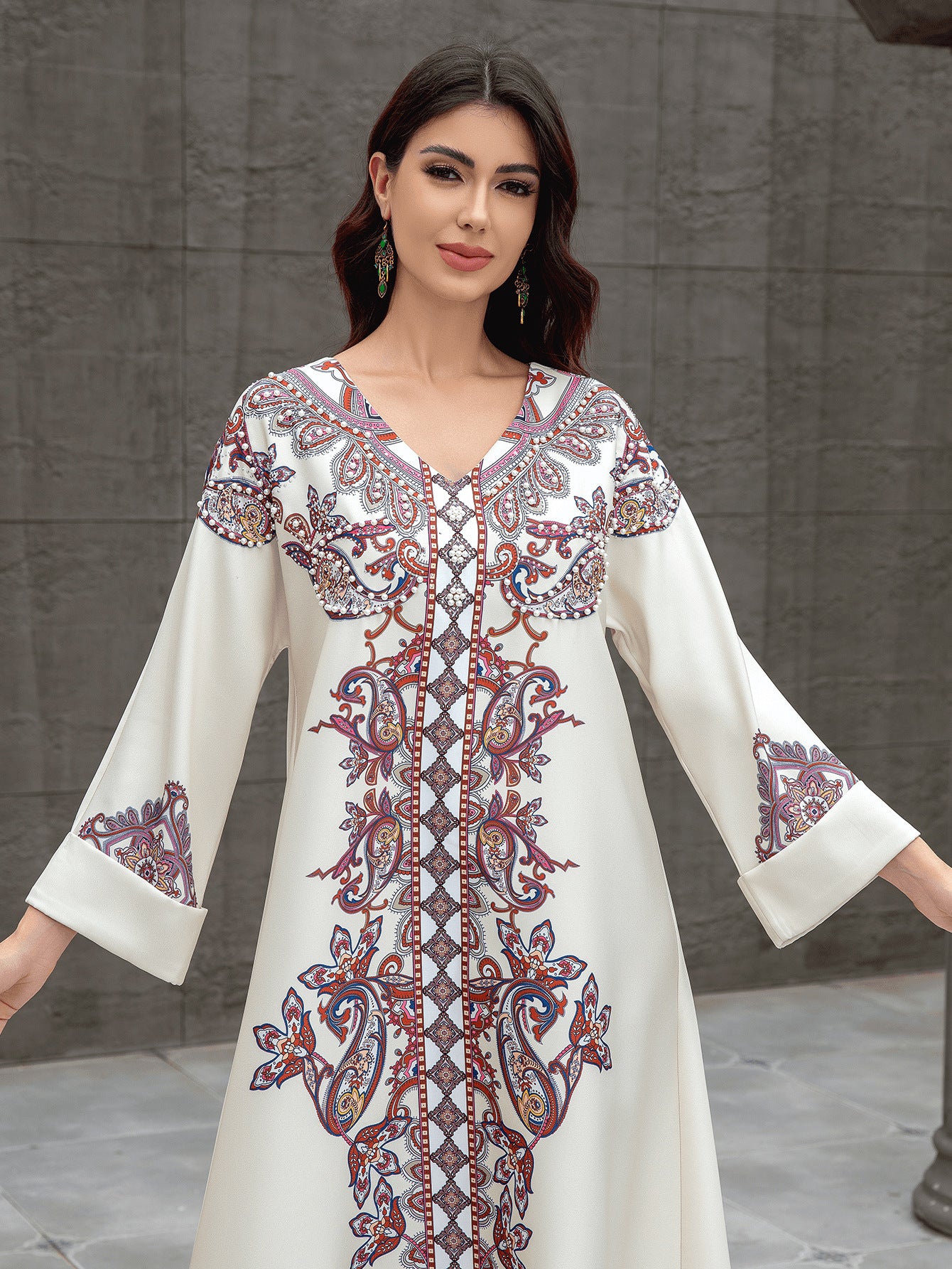 Sw0826 Middle East Cross-Border Muslim Women's Robe Elegant Printed Beaded Dress Dubai Export Abaya