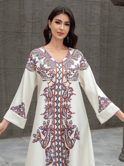 Sw0826 Middle East Cross-Border Muslim Women's Robe Elegant Printed Beaded Dress Dubai Export Abaya