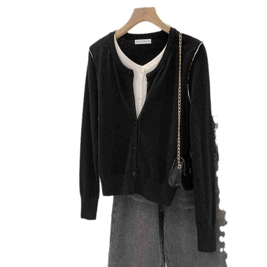 Beautiful V-neck Fake Two-piece Sleeve Knitted Cardigan Jacket Women's 2024 Autumn and Winter Western Style Unique Chic Slim Small Top