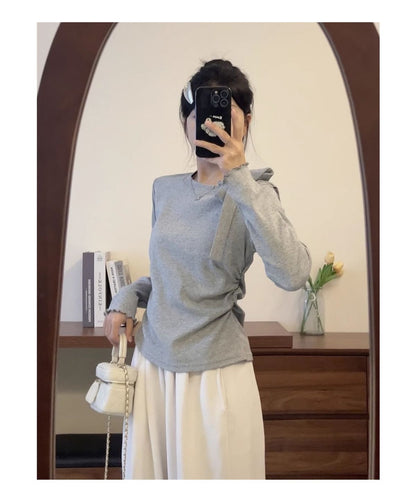 Bow Strap Long-sleeved Korean Style Chic Autumn and Winter New Top Sweet Pure Style Tight Waist Slim Fit Pleated Top