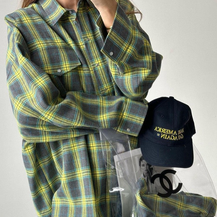 2024 Spring and Autumn Amazon OZON Cross-border Retro Style All-match Loose Shirt * Fashion All-match Plaid Shirt Women