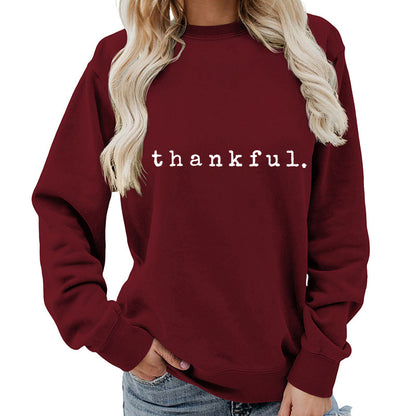 Cross-border European and American thankful Printed Round Neck Women's Top Sweatshirt Autumn and Winter Coat Casual Loose European Size