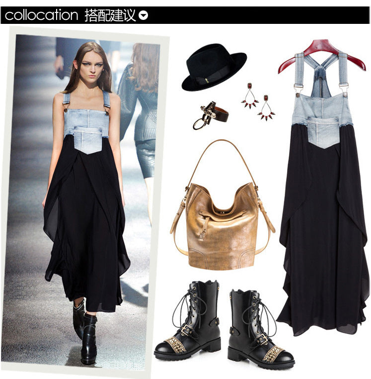 2024 Summer New Korean Style plus size Loose Fashionable Casual Denim Stitching Chiffon Strap Denim dress Women