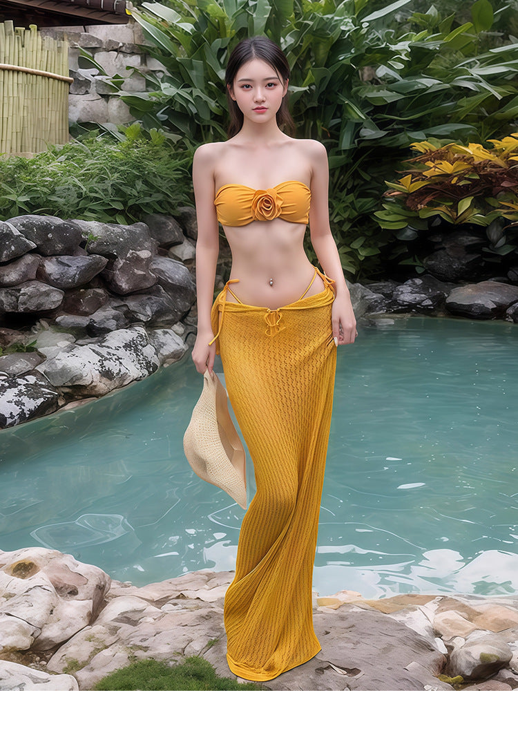 Bikini Swimsuit Women's 2025 New Thai Beautiful Yellow Split Three-piece Sexy Long Dress Island Holiday Style