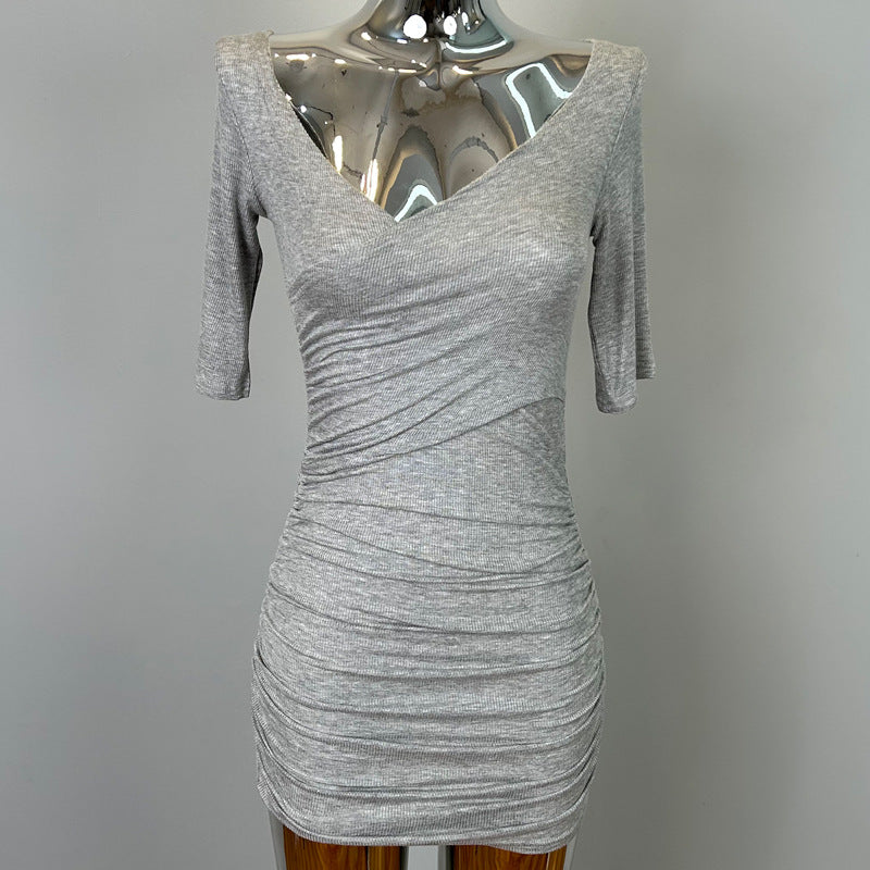 South Korea Dongdaemun New Sexy Feminine V-Neck Pleated Bag Hip Mid-Sleeve dress Figure