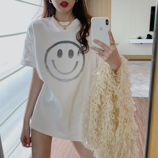 Smiley Face Print Loose Short-Sleeved T-Shirt for Women Spring and Summer New Casual Bottoming Shirt Women's Round Neck Top Dropshipping