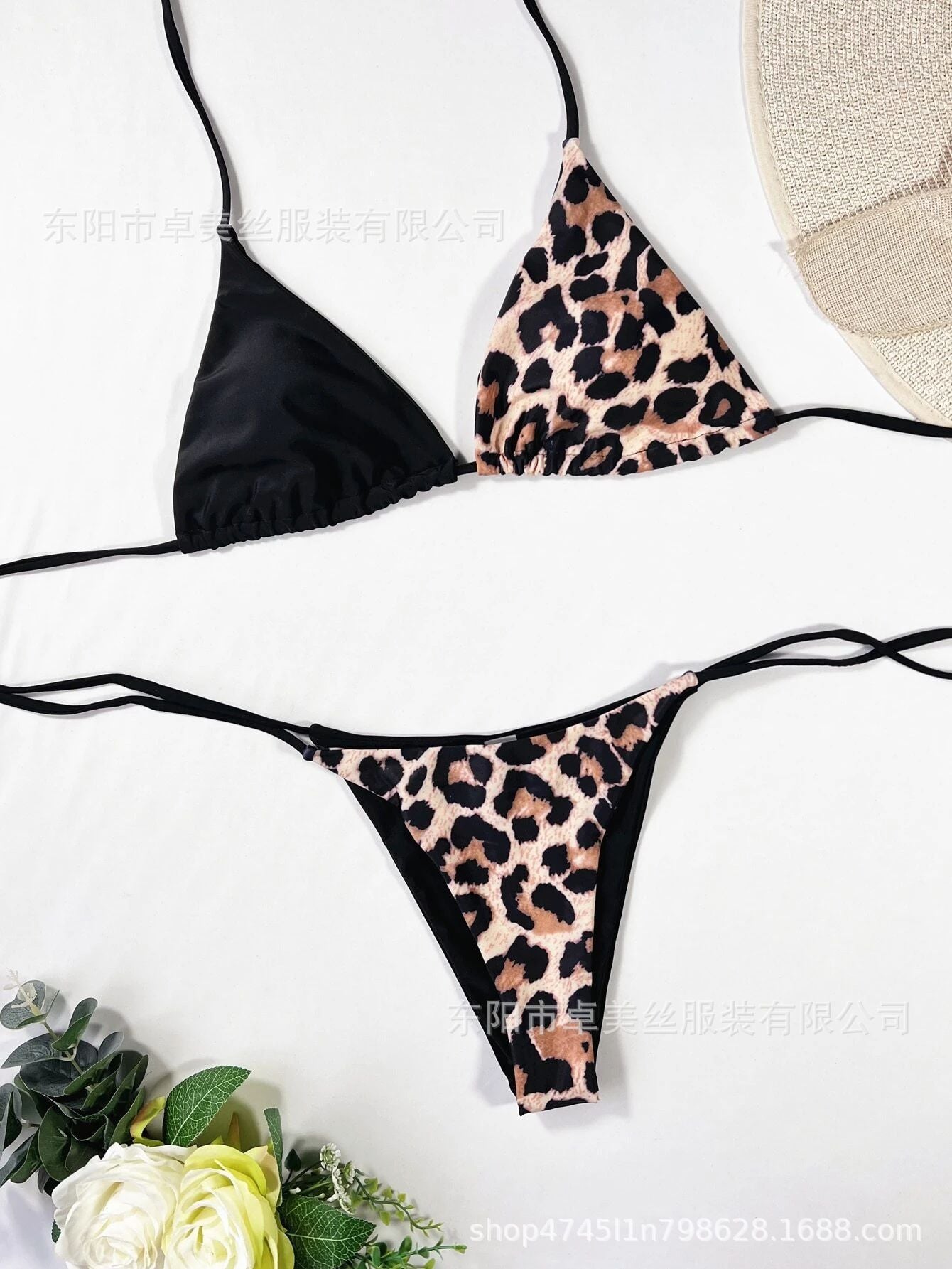 Cross-border new leopard print split women's swimwear sexy neck lace-up bikini backless triangle bag bikini wholesale