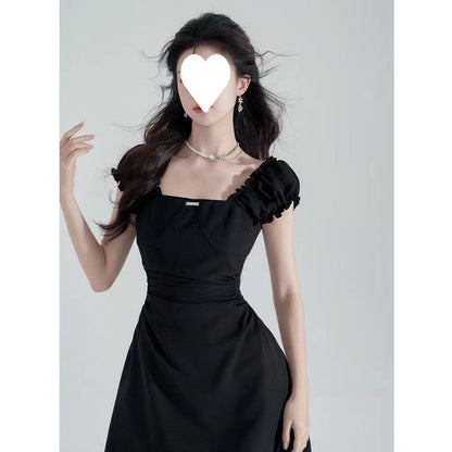 Black Waist-Cinching Slimming Square-Neck Dress for Women 2026 New Summer French Hepburn Style Elegant A-Line Short Skirt