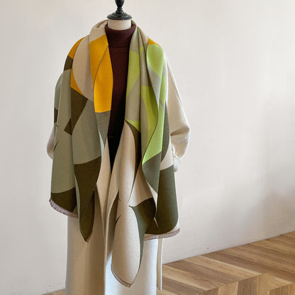 Contrast color asymmetric niche cashmere scarf women's autumn and winter high-grade thickened warm outer shawl new scarf