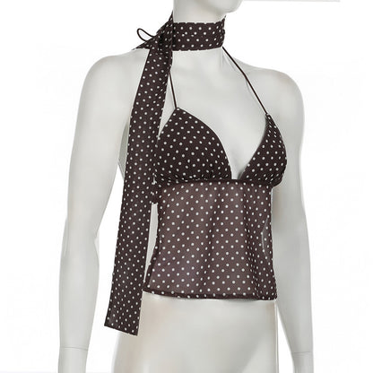 2024 Winter New French Style Elegant Strap Deep V Open Chest Lace Large Open Back Contrast Color Dot Design Small Sling