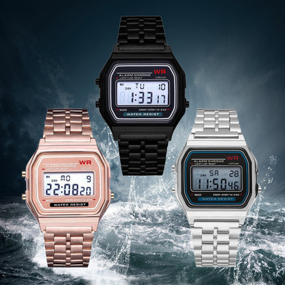 Popular LED electronic watch Harajuku style fashion watch multi-functional student watch foreign trade WR F91W steel belt