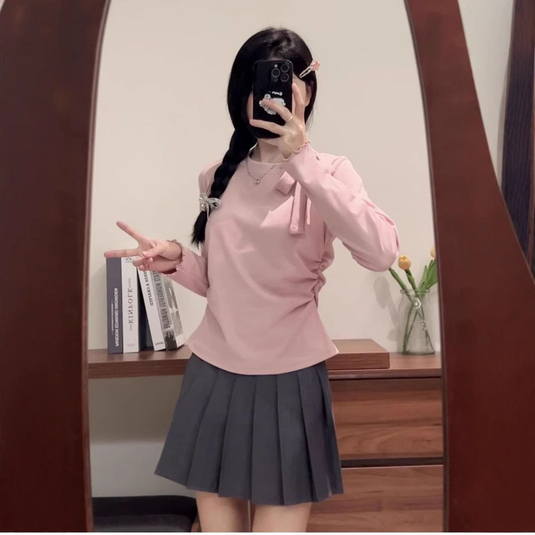 Bow Strap Long-sleeved Korean Style Chic Autumn and Winter New Top Sweet Pure Style Tight Waist Slim Fit Pleated Top