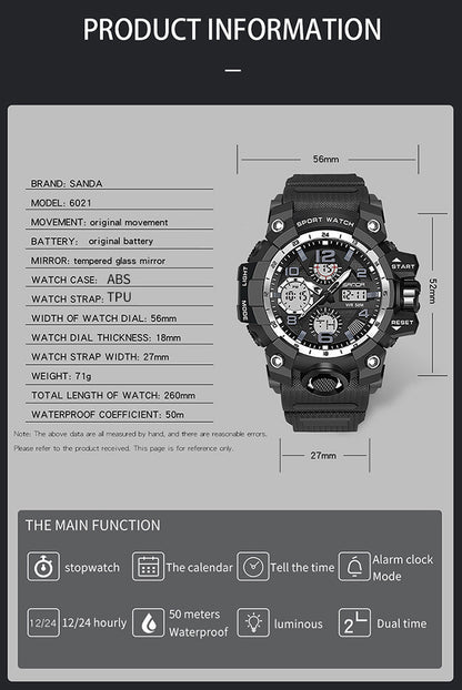 Sanda Hot-Selling Watch Korean Version Student Party Multi-Functional Waterproof Alarm Clock Electronic Watch Cool Dual Display Luminous Sports Watch