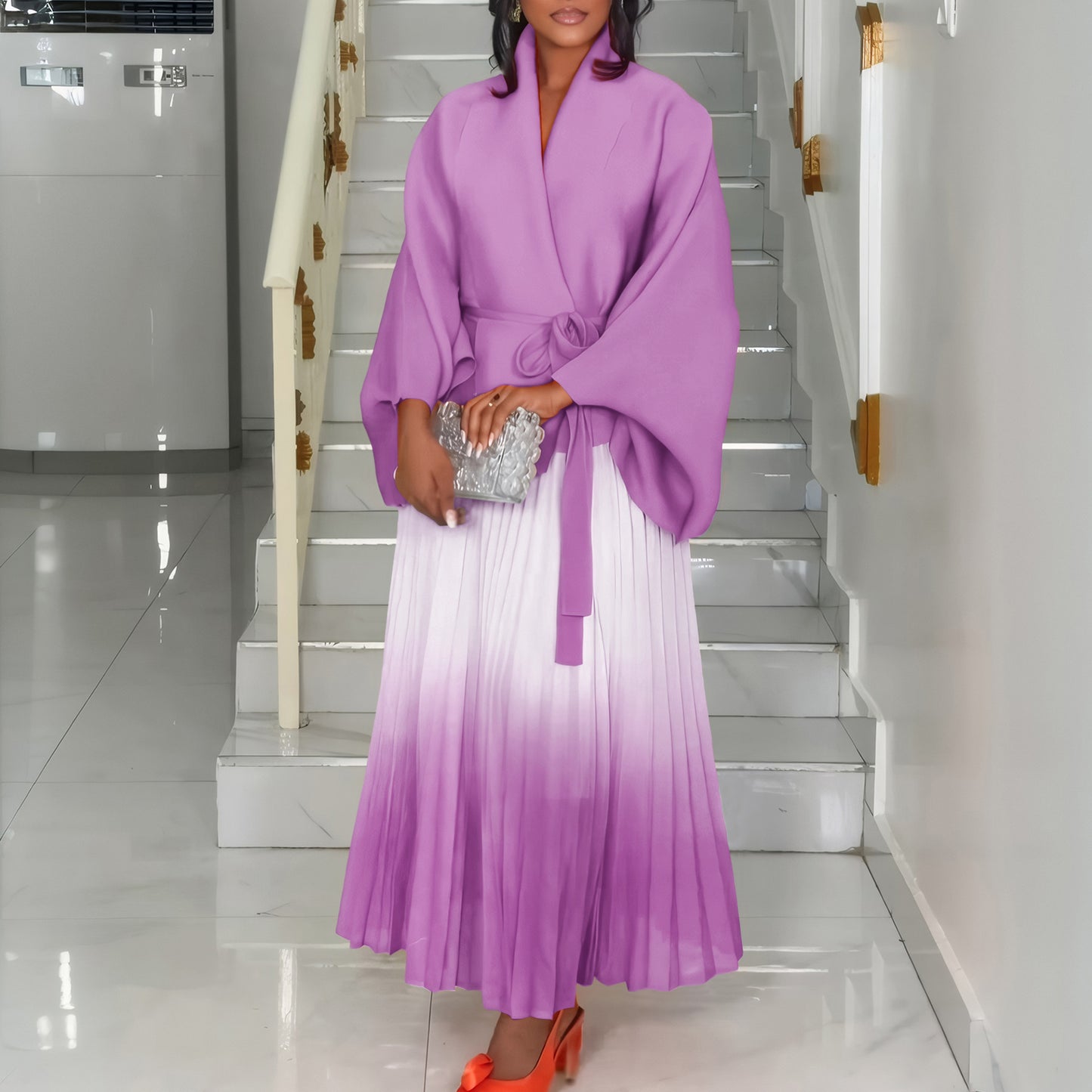C8610 African plus size Women's Spring New Fashion Strap Bat Sleeve Top Gradient Color-changing Skirt Two-piece Set