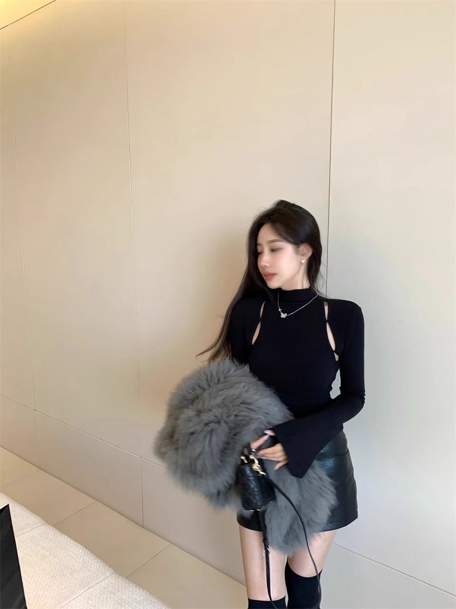 Pure Desire Thread Velvet Tight Inner Half-High Neck T-Shirt Women's Spring and Autumn Design Sense Hollow Base Shirt Top