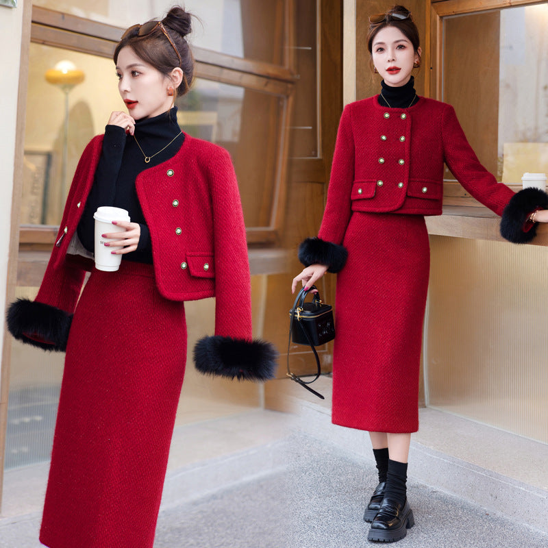 2024 Winter New Style Liner White Duck Down Jacket Real Hair Chanel Style suit Women's Light Luxury Socialite Skirt Two-piece Set