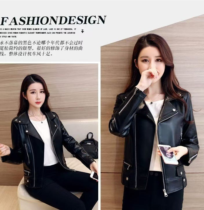 2025 Spring and Autumn New Korean Style Short Women's Pu Women's Large Size Leather Jacket Slim Motorcycle Jacket Small Leather Jacket