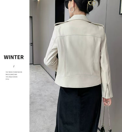 2025 Spring and Autumn New Korean Style Short Women's Pu Women's Large Size Leather Jacket Slim Motorcycle Jacket Small Leather Jacket