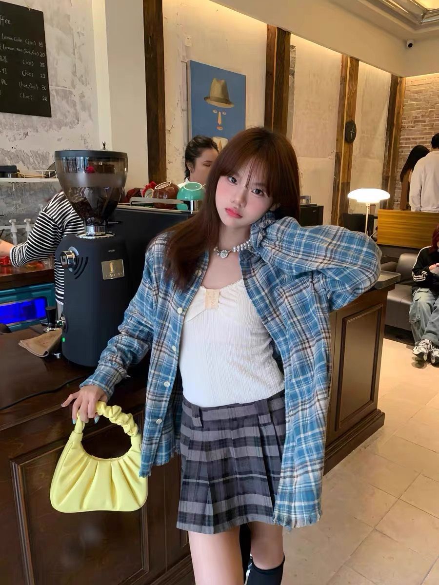 American-style Retro Blue Plaid Shirt Couple's Coat Spring and Autumn Loose Casual Sun-protective Shirt All-match Long-sleeved Top