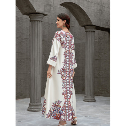 Sw0826 Middle East Cross-Border Muslim Women's Robe Elegant Printed Beaded Dress Dubai Export Abaya