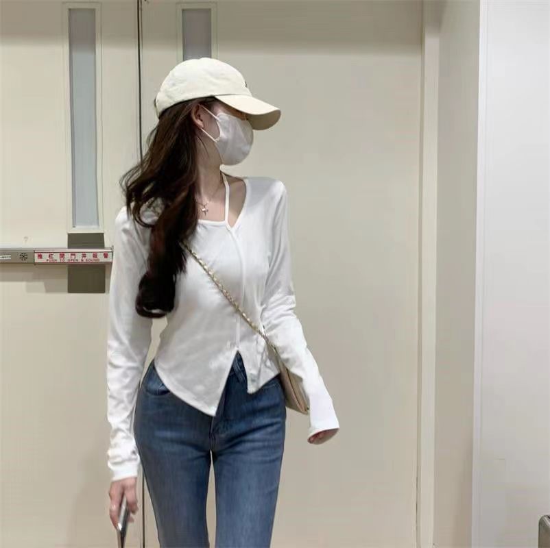 American Style Design Irregular Long-sleeved T-shirt Women's 2024 Spring and Autumn New Slim-fit Slimming Temperament Base Top