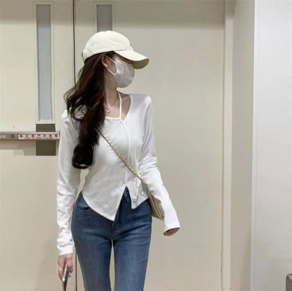 American Style Design Irregular Long-sleeved T-shirt Women's 2024 Spring and Autumn New Slim-fit Slimming Temperament Base Top