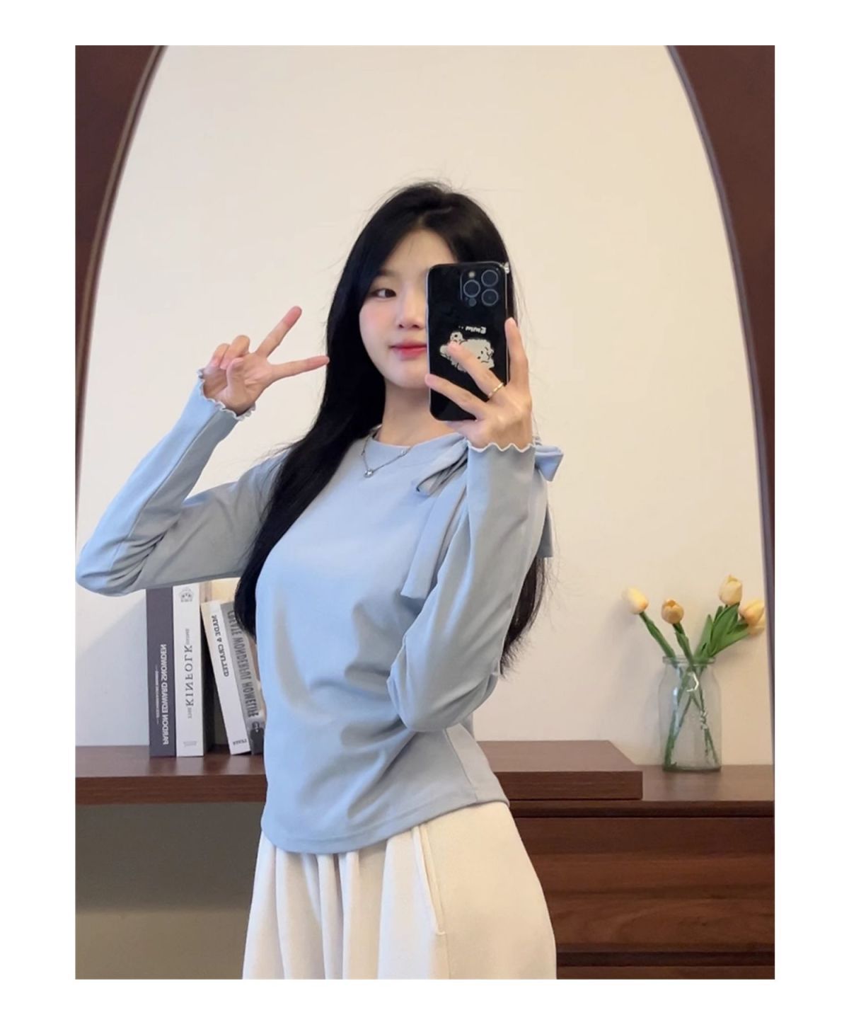 Bow Strap Long-sleeved Korean Style Chic Autumn and Winter New Top Sweet Pure Style Tight Waist Slim Fit Pleated Top