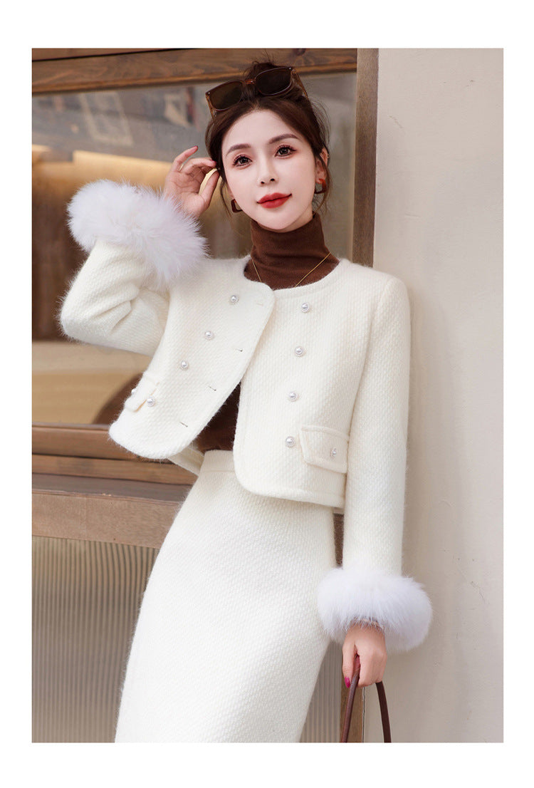2024 Winter New Style Liner White Duck Down Jacket Real Hair Chanel Style suit Women's Light Luxury Socialite Skirt Two-piece Set