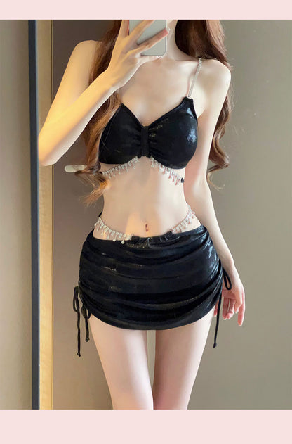 2025 New Bikini Swimsuit Female Sexy Three-Piece Set Rhinestone High-End Split Seaside Resort Hot Spring Swimsuit