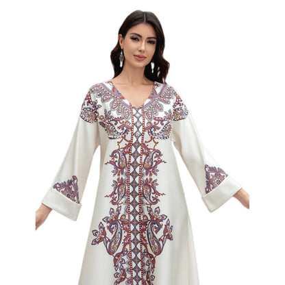 Sw0826 Middle East Cross-Border Muslim Women's Robe Elegant Printed Beaded Dress Dubai Export Abaya