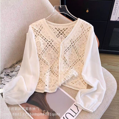Spring and Summer All-match Sunscreen Stitching Chiffon Cardigan Long-sleeved Puff-sleeved Women's Niche Top Loose Western-style Coat