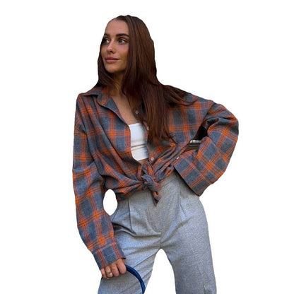 2024 Spring and Autumn Amazon OZON Cross-border Retro Style All-match Loose Shirt * Fashion All-match Plaid Shirt Women
