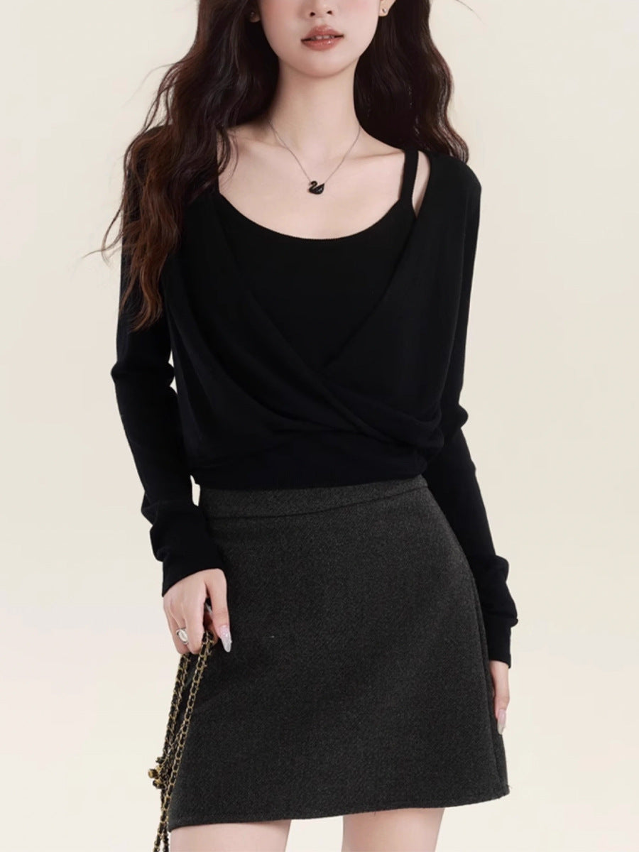 Korean Style Grey Niche Cross-kink Long-sleeved Knitted Top Women's Chic Inner Vest suit