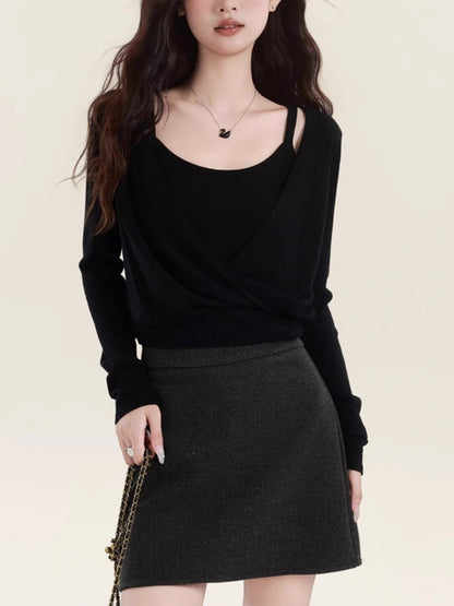Korean Style Grey Niche Cross-kink Long-sleeved Knitted Top Women's Chic Inner Vest suit