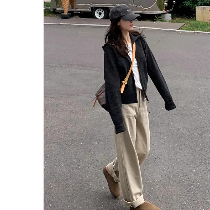 khaki Straight Leg Jeans Women's Trendy All-match New Arrival Loose High Waist Slimming Narrow Version Dosing Wide Leg Long Pants