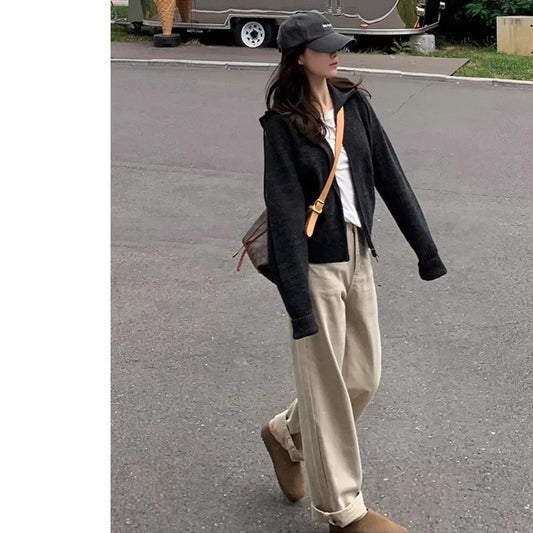 khaki Straight Leg Jeans Women's Trendy All-match New Arrival Loose High Waist Slimming Narrow Version Dosing Wide Leg Long Pants