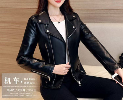 2025 Spring and Autumn New Korean Style Short Women's Pu Women's Large Size Leather Jacket Slim Motorcycle Jacket Small Leather Jacket