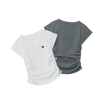 Heyhenry 2025 Summer Pleated Short-Sleeved T-Shirt Women's Niche Design Sexy Short Pinch Waist Niche Top