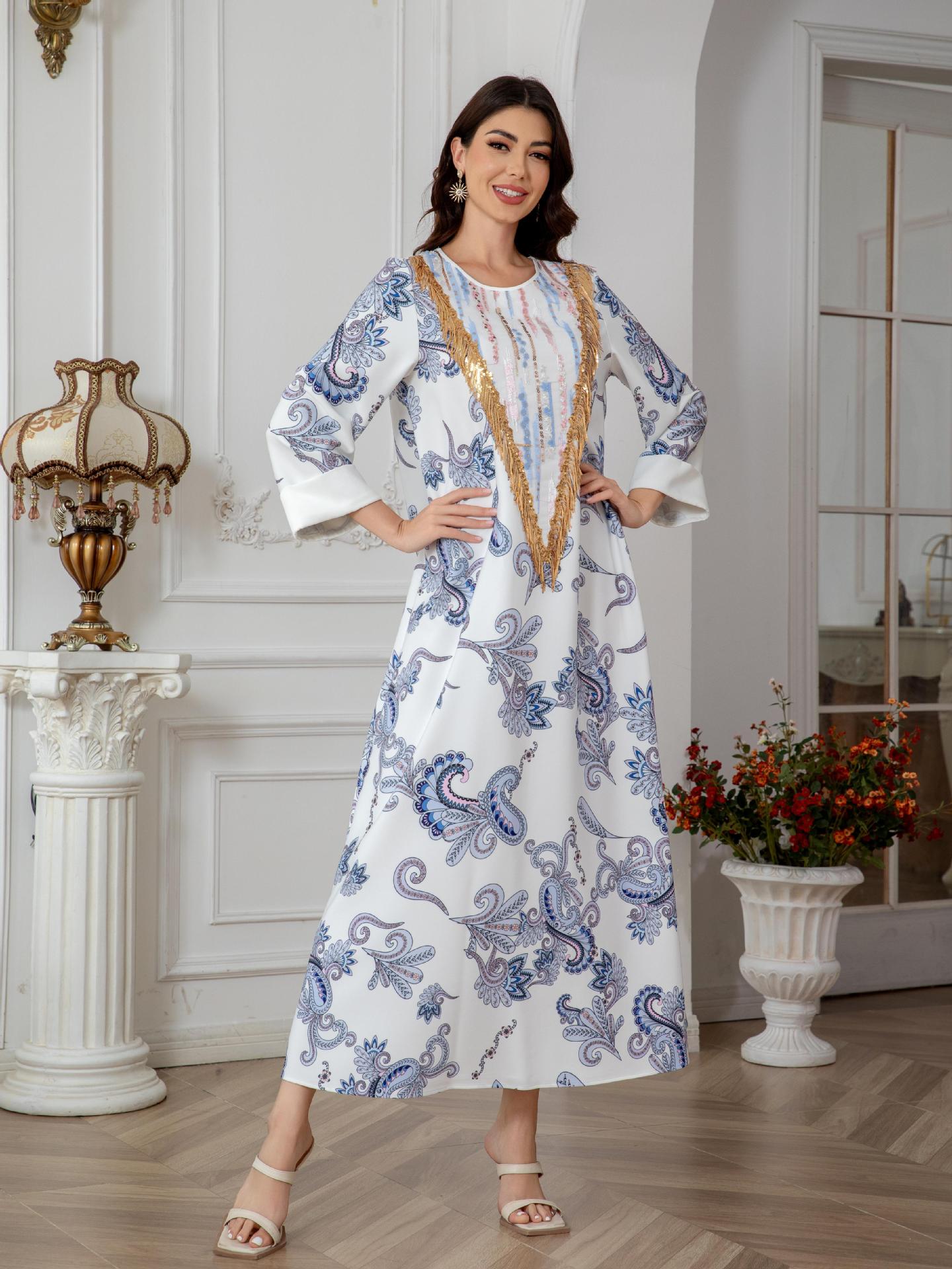 Sw0821 Amazon Women's Printed Robe Evening Dress European and American Cross-Border Dress Wholesale Long