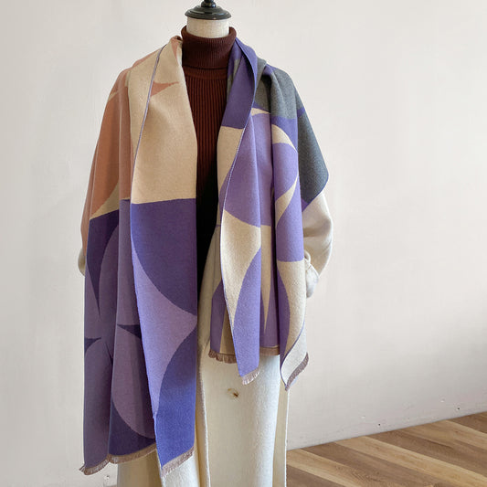 Contrast color asymmetric niche cashmere scarf women's autumn and winter high-grade thickened warm outer shawl new scarf