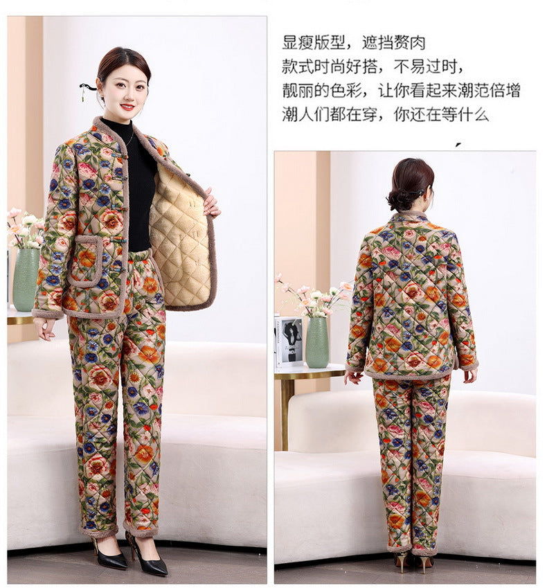 Chinese Style Mother's Winter New fleece-lined Thickened Cotton-padded Coat suit Middle-aged Women's Cotton-padded Clothes Cotton Pants Warm Two-piece Set