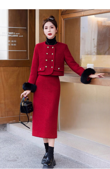 2024 Winter New Style Liner White Duck Down Jacket Real Hair Chanel Style suit Women's Light Luxury Socialite Skirt Two-piece Set