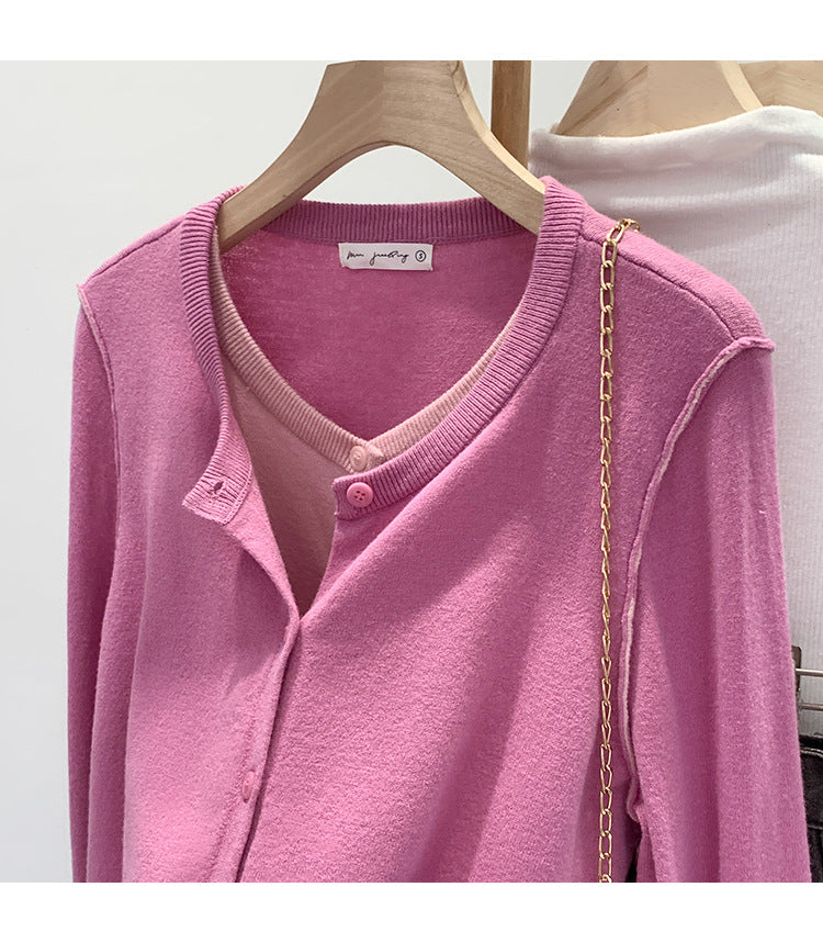 Beautiful V-neck Fake Two-piece Sleeve Knitted Cardigan Jacket Women's 2024 Autumn and Winter Western Style Unique Chic Slim Small Top